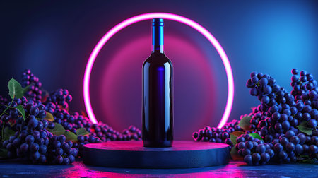 An aesthetic promotional photo of wine in neon light. A bottle of wine.の素材