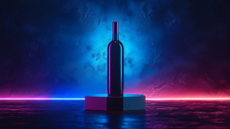 An aesthetic promotional photo of wine in neon light. A bottle of wine.の素材