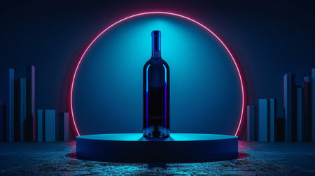 An aesthetic promotional photo of wine in neon light. A bottle of wine.の素材