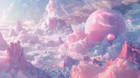 A surreal alien mountain landscape in trendy pastel pink and blue colors. A space planet or a fantasy world.の素材