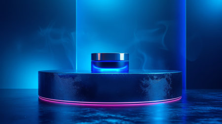 A beauty product on a platform in neon light. Advertising and promotion of products for beauty and facial and body care.の素材