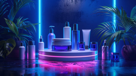 A beauty product on a platform in neon light. Advertising and promotion of products for beauty and facial and body care.の素材