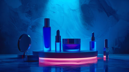 A beauty product on a platform in neon light. Advertising and promotion of products for beauty and facial and body care.の素材