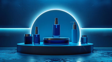 A beauty product on a platform in neon light. Advertising and promotion of products for beauty and facial and body care.の素材