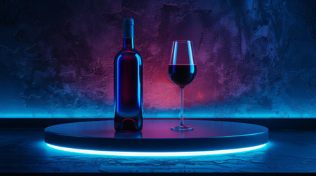 An aesthetic promotional photo of wine in neon light. A bottle of wine with a glass.の素材