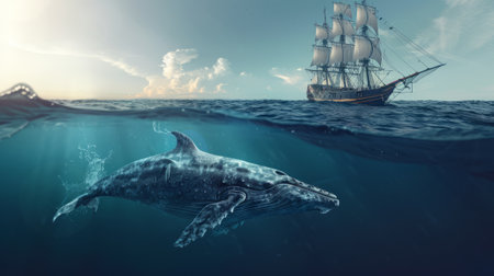 A huge whale is swimming underwater next to the ship.の素材