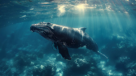 A huge whale underwater in its natural habitat.の素材