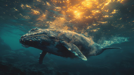 A huge whale underwater in a surreal style. Fantasy or a magical world. Daydream.の素材