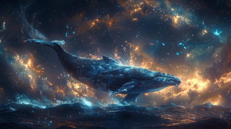 A huge whale underwater in a surreal style. Fantasy or a magical world. Daydream.の素材