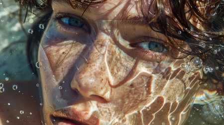 A close-up portrait of a young beautiful woman under water.の素材