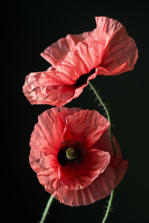 Red poppies on a black background.の素材