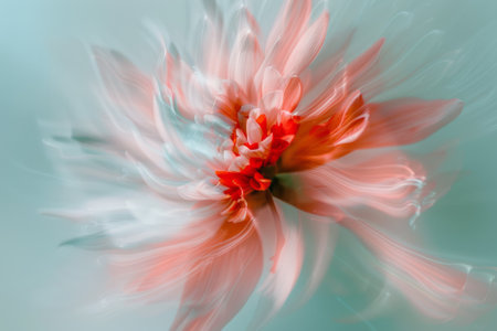 Blossomed flowers in the style of abstracted photography in light red and light aquamarine colors. Surreal still life composition in motion blur.の素材