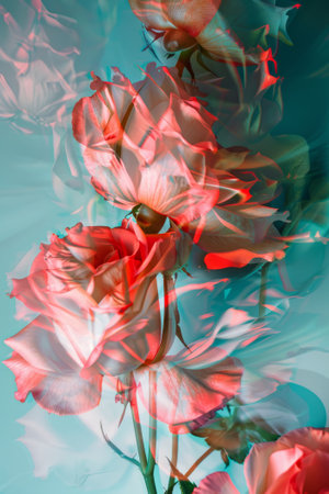 Blossomed flowers in the style of abstracted photography in light red and light aquamarine colors. Surreal still life composition in motion blur.の素材