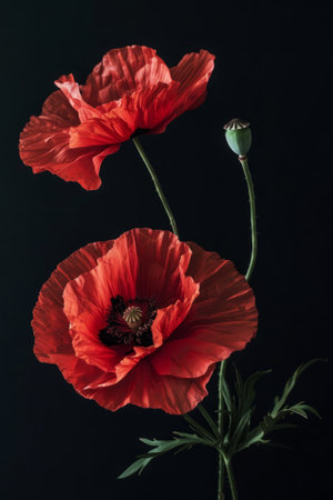 Red poppies on a black background.の素材