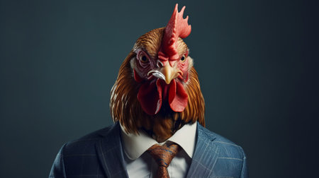 Portrait of a surreal rooster in a business style jacket. Anthropomorphism.の素材