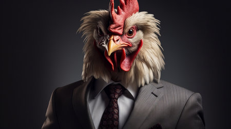 Portrait of a surreal rooster in a business style jacket. Anthropomorphism.の素材