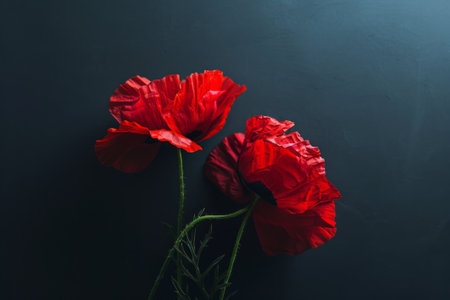 Red poppies on a black background.の素材