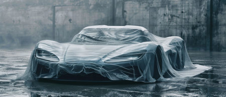 The sports car is covered with a transparent fabric.の素材