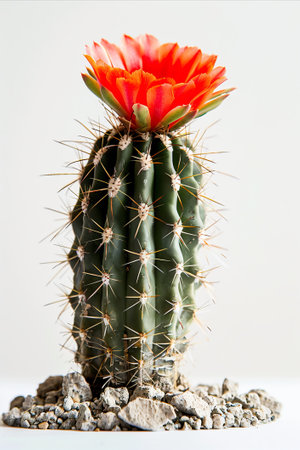 Cactus with a blooming red flower in a minimal style on a white background.の素材