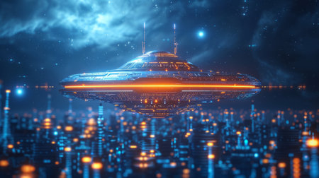 Unidentified flying object (UFO) or flying saucer in neon futuristic light. Extraterrestrial civilizations concept. Contact with other planets.の素材