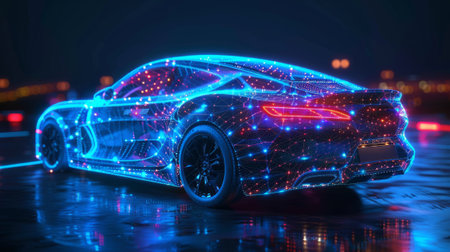 A concept sports car in a futuristic style in neon light.の素材