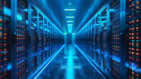 The interior of a large modern server room in a futuristic neon light. Cloud data storage or data center.の素材