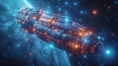 A futuristic spaceship is flying in outer space. Science fiction. Exploration of new planets. Space flights.の素材