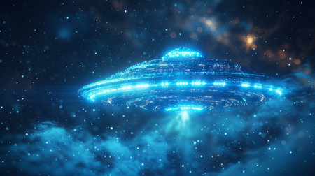Unidentified flying object (UFO) or flying saucer in neon futuristic light. Extraterrestrial civilizations concept. Contact with other planets.の素材