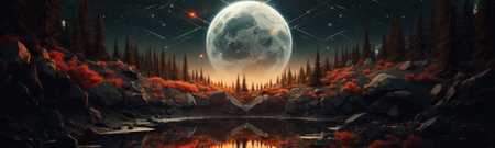 A psychedelic or surreal landscape with a circular object or planet.の素材
