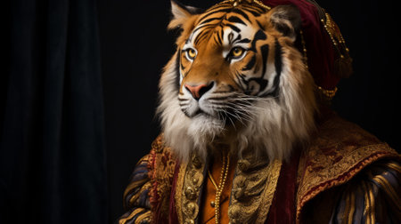 Portrait of an anthropomorphic tiger of a medieval merchant or businessman or trader.の素材