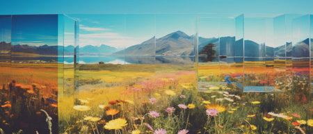 A psychedelic or surreal landscape with transparent glasses.の素材