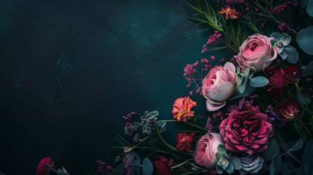 Red or pink flowers on a dark background.の素材