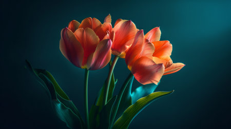 Red tulips on a dark background.の素材