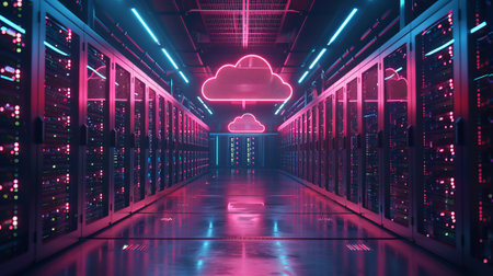 The interior of a large modern server room in a futuristic neon light. Cloud data storage or data center.の素材