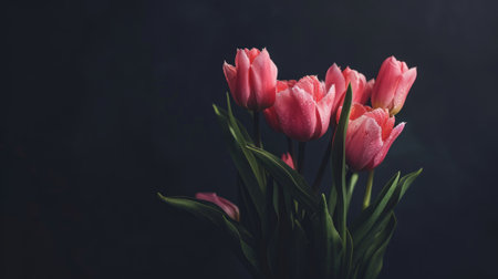 Red tulips on a dark background.の素材