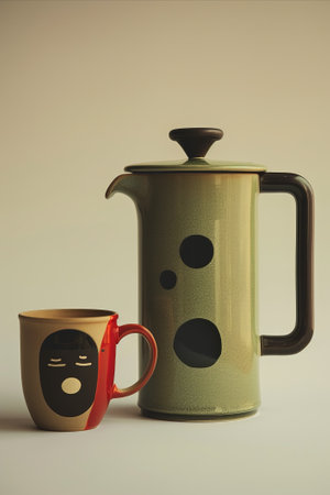 A cup of coffee next to a French press in a minimal style. Coffee break. Morning ritual.の素材