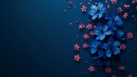 Blue or dark cyan flowers on a dark background.の素材