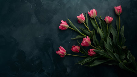 Red tulips on a dark background.の素材