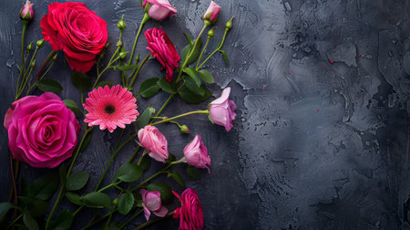 Red or pink flowers on a dark background.の素材