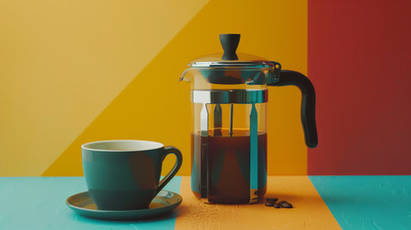 A cup of coffee next to a French press in a minimal style. Coffee break. Morning ritual.の素材