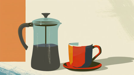 An illustration of a coffee cup next to a French press in a minimal style.の素材