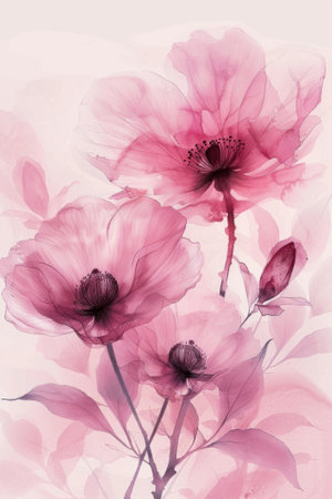 Beautiful watercolor drawing of delicate pink and red flowers on a white background.の素材