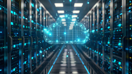 The interior of a large modern server room in a futuristic neon light. Cloud data storage or data center.の素材