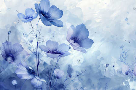 Beautiful watercolor drawing of delicate blue flowers on a white background.の素材