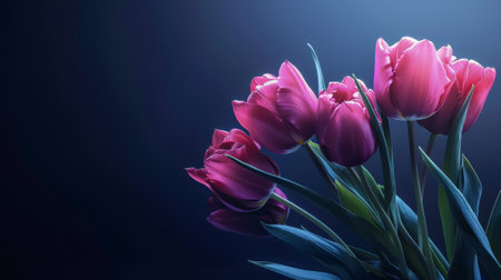 Red tulips on a dark background.の素材
