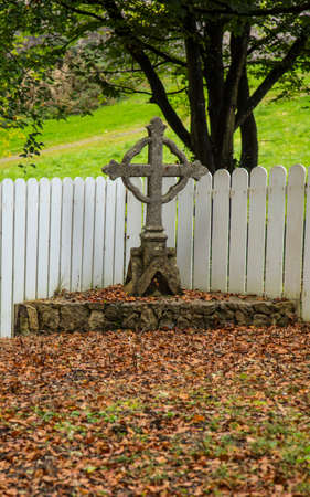 An old Irish cross with leavesの写真素材