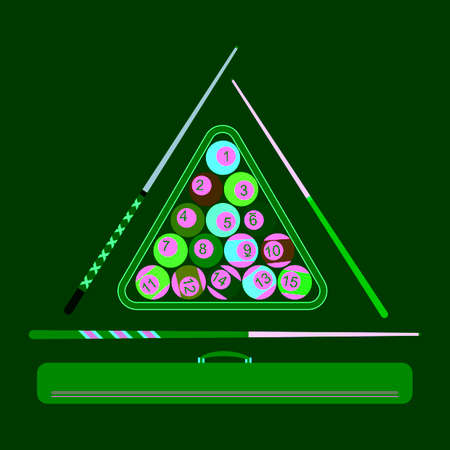 cue sticks with billiard balls in a rack