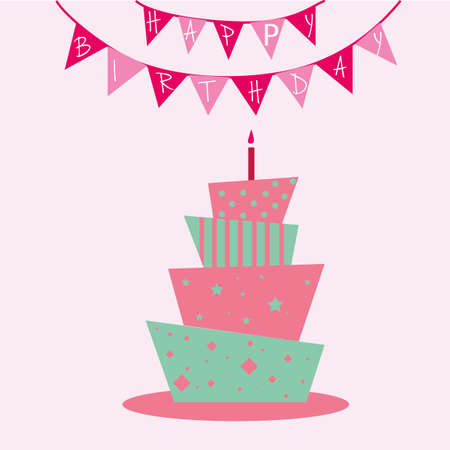 tiered birthday cake with happy birthday party flags
