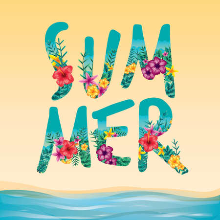 double exposure of flowers and summer text