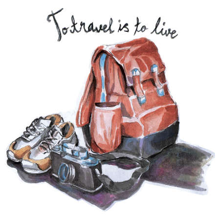 backpack with shoes and camera
